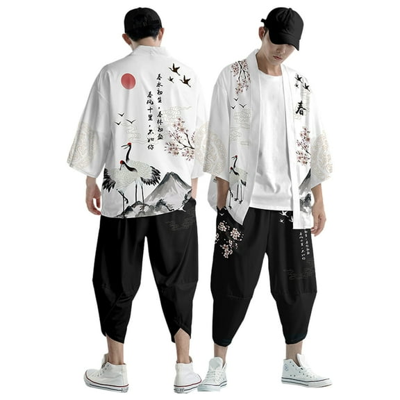 MNCEKFOD Pant Sets Men 2 Pieces Outfits Casual Loose Daily Kimono Set Japanese Multicolor Printed Loose Cardigan 3/4 Sleeve Relax Fit Tracksuit Light Gray L