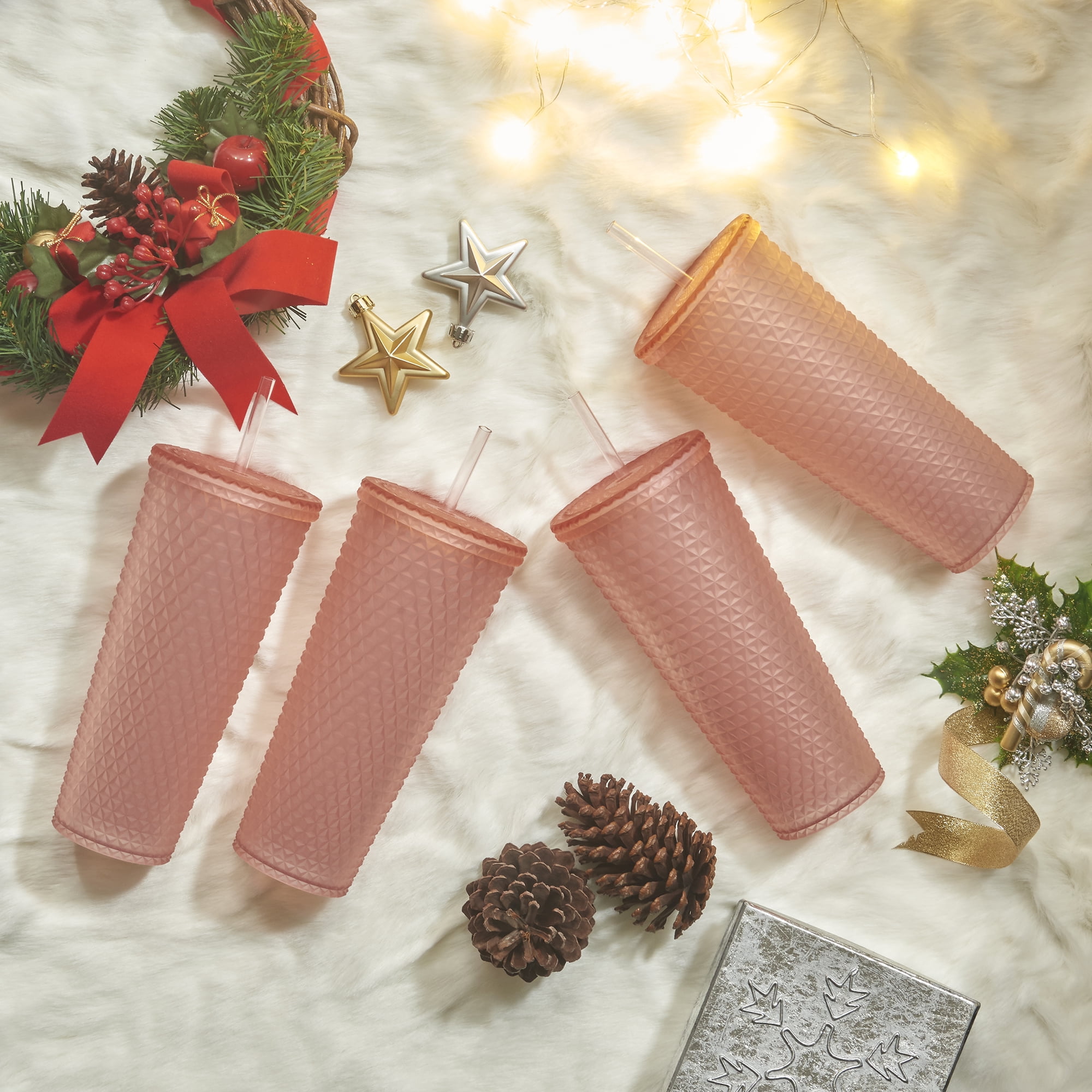 Mainstays 4pk 26oz DW AS Plastic Tinted Matte Textured Tumbler, Pink