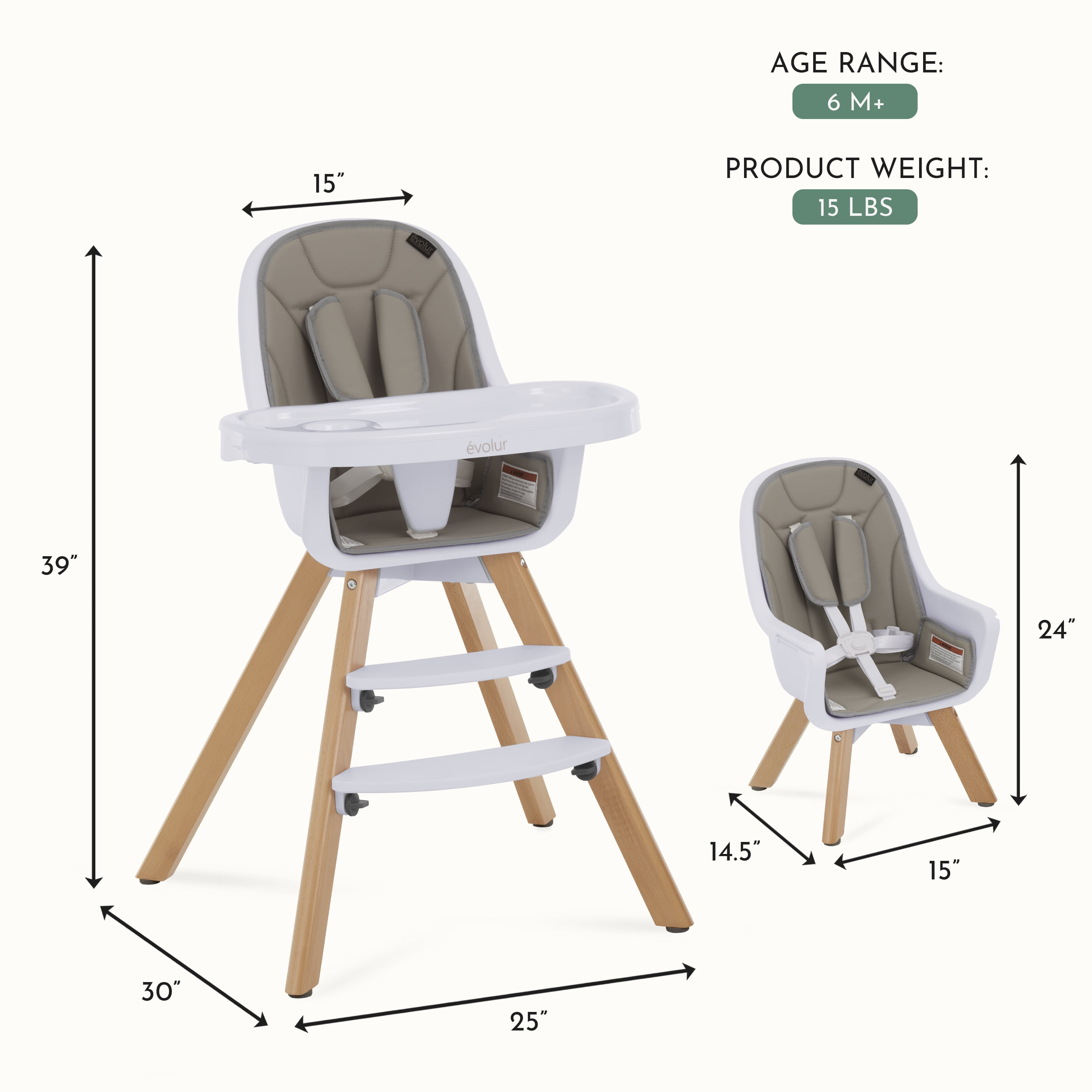 Evolur Zoodle 3-in-1 High Chair Booster Feeding Chair with Modern Design, Light Grey