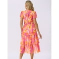thumbnail image 5 of DARING DIVA Floral V Neck Short Sleeve Ruffle Tiered Midi Dress L Hot Pink, 5 of 7