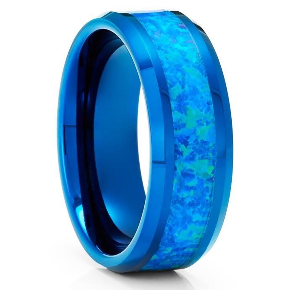 Opal Wedding Ring,Blue Tungsten Ring,Tungsten Carbide Ring,Engagement