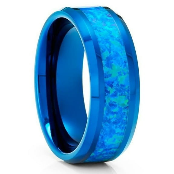 Opal Wedding Ring,Blue Tungsten Ring,Tungsten Carbide Ring,Engagement Ring,8mm Wedding Ring,Anniversary Ring