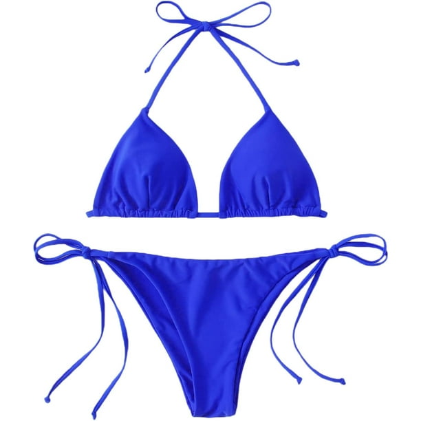 Traje de baño para mujer, conjunto de bikini triangular, con lazo lateral, ropa de playa Azul Real XL Azul Real XL Xishao ropa