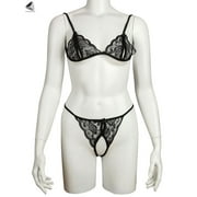 PULLIMORE Womens Sexy Lingerie Lace Bra Thong Panty Set Babydoll Underwear (Black, L)