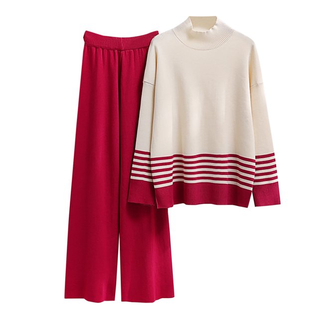 Yuyuzo Womens Ribble Knit 2 Piece Sets Long Sleeve Turtleneck Pullover Sweaters with Straight Leg Pants Suits