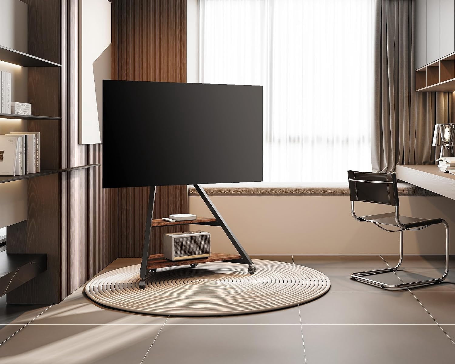 FITUEYES Eiffel Series Corner TV Stand for 55–88 Inch TVs, Black & Walnut, Storage Shelf