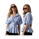 thumbnail image 2 of Blusas de verano para mujer, de manga corta, con cuello de solapa, estampado de rayas, abotonadas, con volantes plisados., 2 of 9