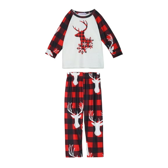 INSPIRE CHIC Family Christmas Pajama Sets Women's Deer Long Sleeve Tee and Plaid Pants XL Kids Red