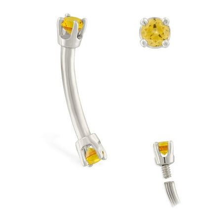 - 14K Gold Internally Threaded Curved Barbell With Citrine Gems,Gauge (Thickness):14 (1.6Mm),14K White Gold,5/16