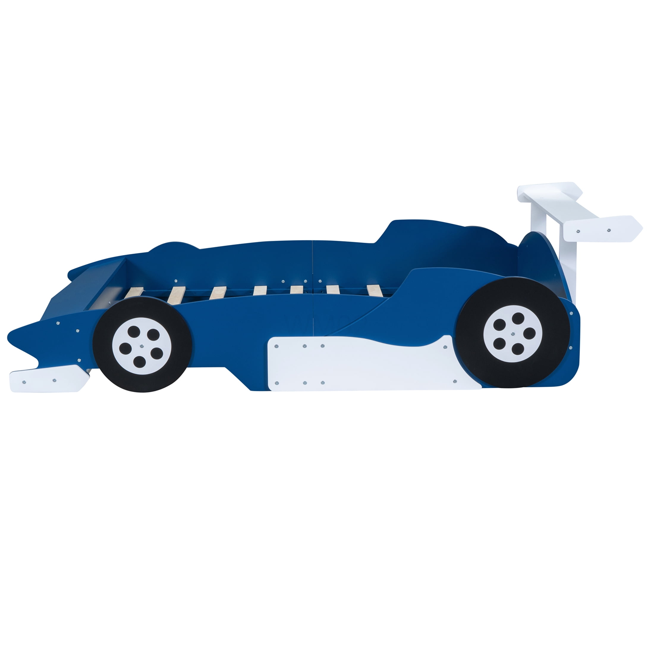Full Size Race Car Bed with Wheels, Low Profile Platform Frame, Blue Finish, Easy Assembly