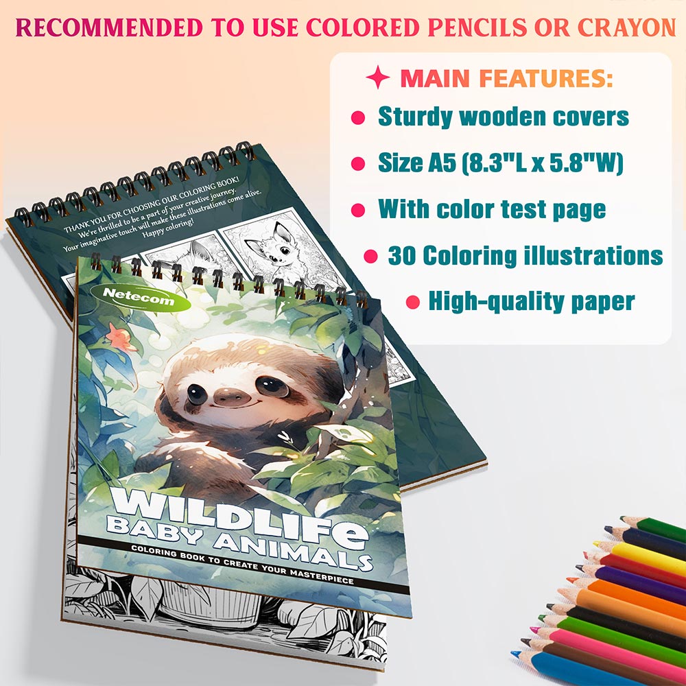 Wildlife Baby Animals Coloring Book Spiral Bound For Adults, A5 Wooden Cover, 30 Adorable Coloring Pages of Playful Baby Animals for Stress Relief and Relaxation