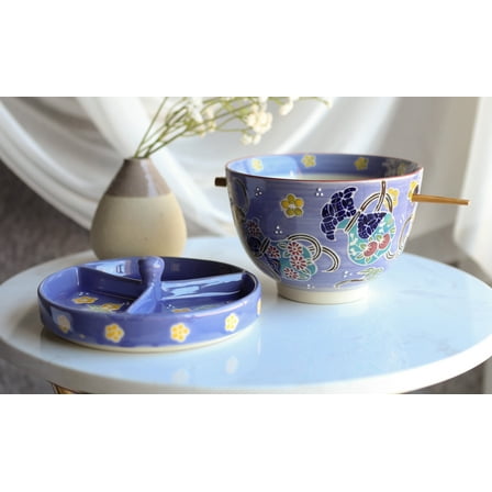 Purple Floral Sky Ramen Bowl With Tempura Divider Condiment Lid Chopsticks Set