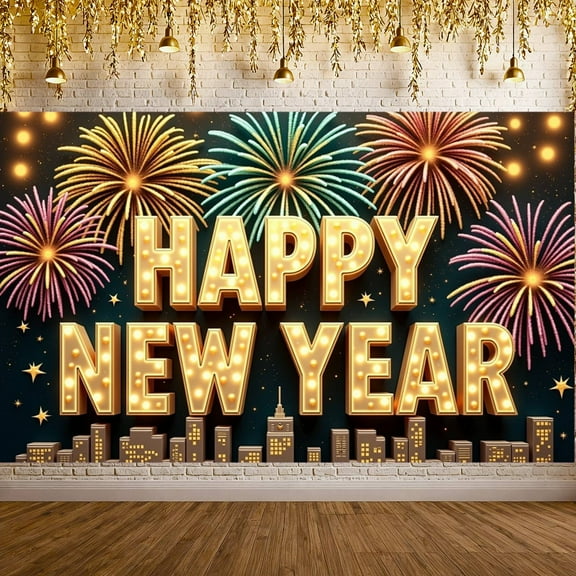 Colorful Happy New Year Banner Fireworks New Year Party Banner Lighted Letters Golden Lights Festive Banner for New Year Party New Year Eve Celebration Indoor Decoration