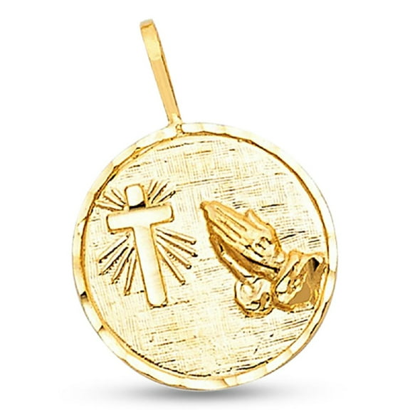 Solid 14k Yellow Gold Cross & Prayer Hands Pendant Christian Coin Charm Design Polished 15 x 15 mm