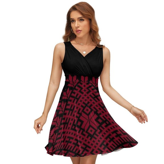 Red Latvian Lielvarde Belt Motif Dress Summer Street Style Dresses Female Sleeveless Printed Sundress