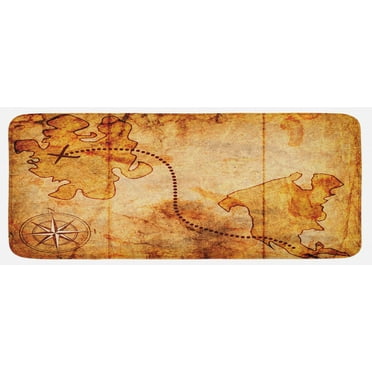Compass Kitchen Mat, Bohemian Style Treasure Hunt Map with Small Compass Paint on It Manuscript Atlas Finding, Plush Decorative Kitchen Mat with Non Slip Backing, 47" X 19", Tan, by Ambesonne