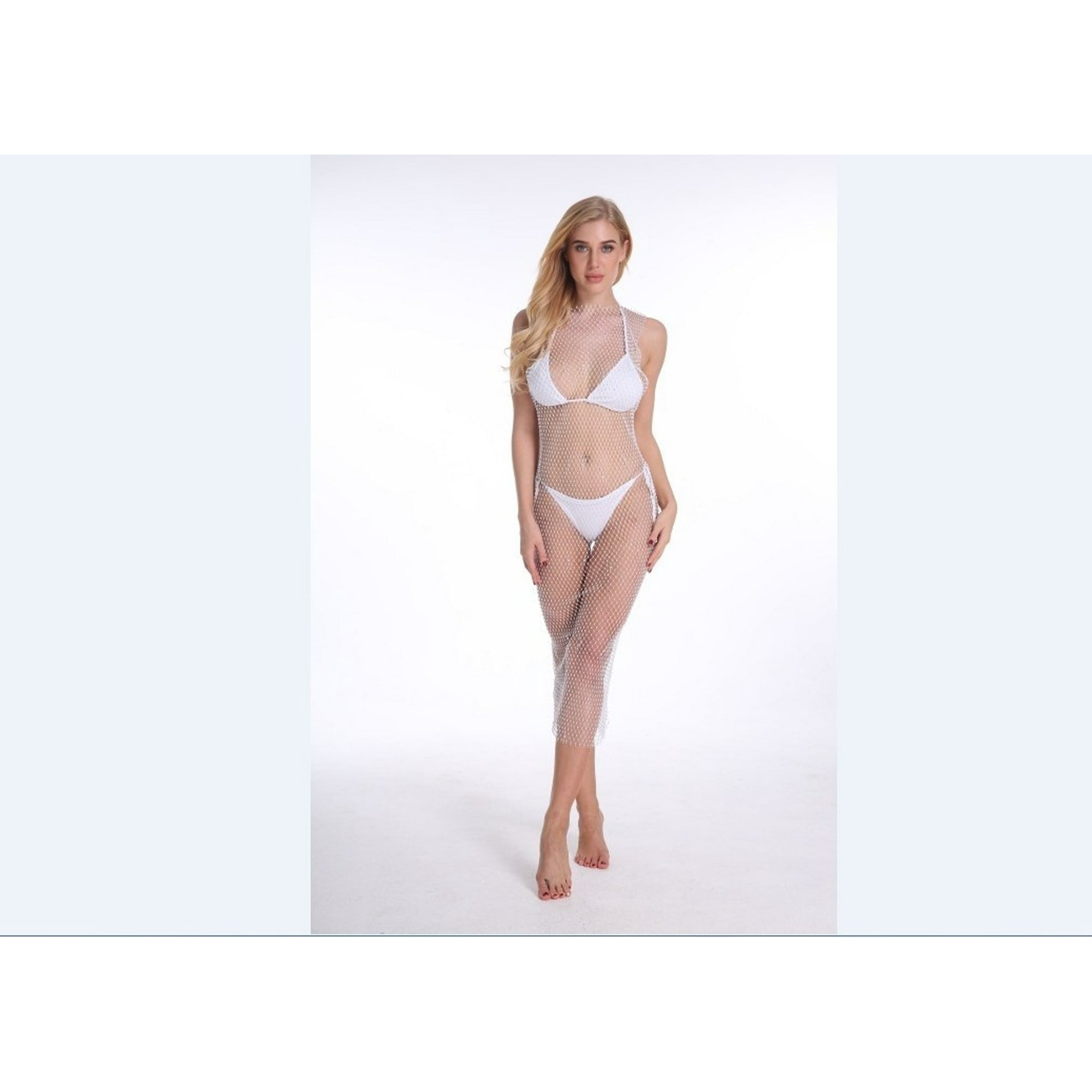 Women Bikini Crystal Cover Up Tops Sexy Fishnet Hollow Out See
