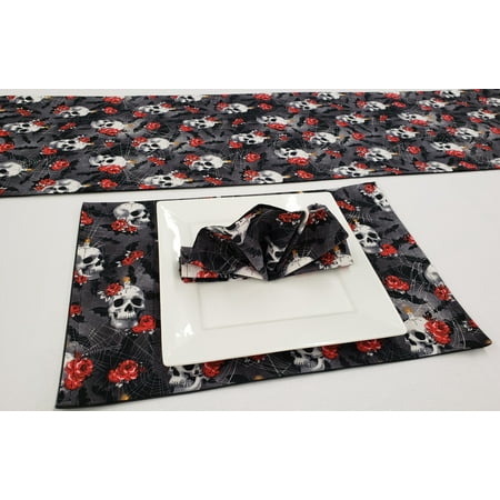 

Skulls Webs & Roses Placemat Table Runner Cloth Napkins Set by Penny s Needful Things (4 Napkins & 4 Placemats) (5 Feet Long Table Runner) (Red)