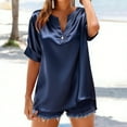 thumbnail image 2 of Brglopf Women's Business Casual Tops Summer Elegant Satin Silk Short Sleeve Shirts Button V Neck Work Dressy Blouses(Blue,M), 2 of 5