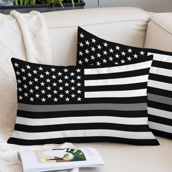 Thin Grey White Line Pillow Covers 20x26 Inch Standard Size, American Flag Star Decorative Pillowcase with Zipper, Microfiber Pillow Protector, Breathable Pillowcases for Sofa Bed Living Room
