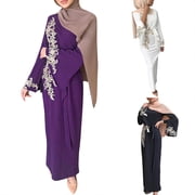 Aellinatey Women Muslim Dubai Abaya Long Sleeve Maxi Dress Floral Lace Beading Hijab Kaftan