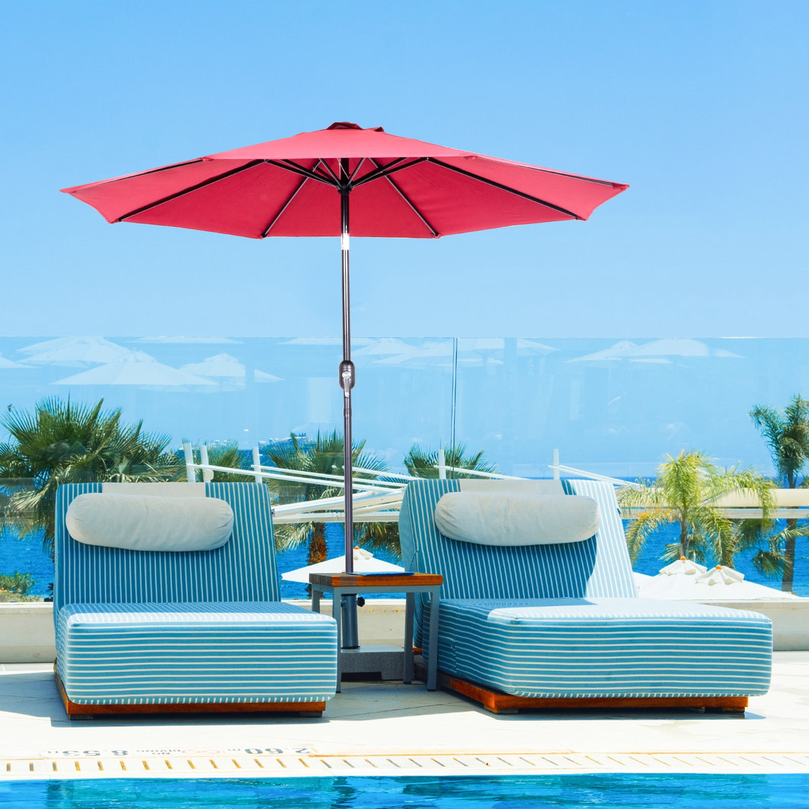Backyard Expressions 9 ft Market Patio Umbrella UV Resistant Canopy with 8 Rib Support Frame and Push Button Tilt and Crank Lift Red