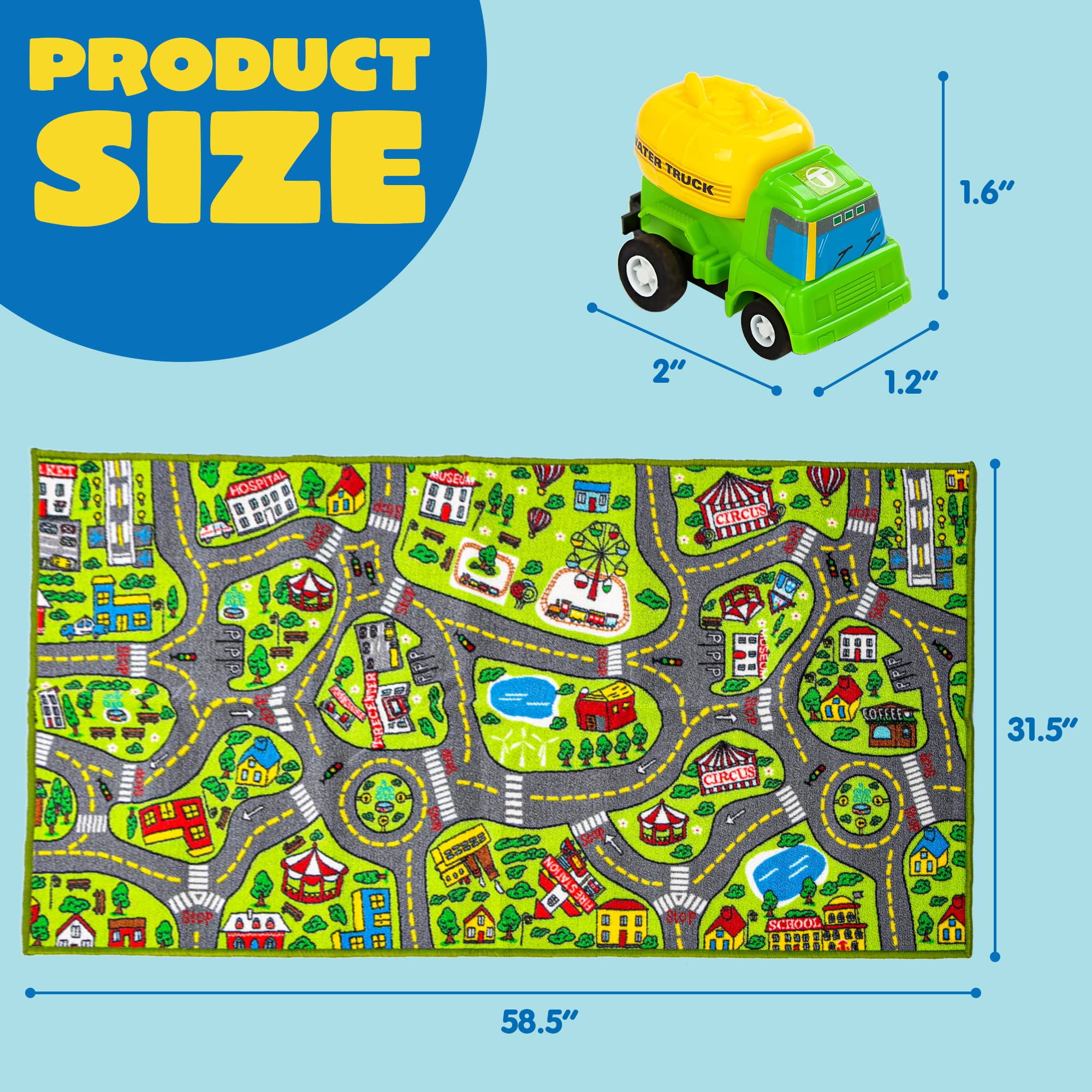 Joyfy Kids Rug for Playroom, Durable City Car Track Playmat Rug with 12 Mini Vehicle Set,58.5" x 31.5"