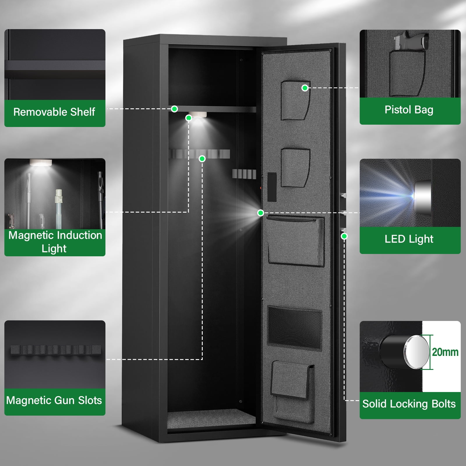 6-8 Large Gun Safe with Silent Mode, Unassembled Digital Gun Safe for Home Shotguns and Pistols, Gun Cabinet with 3 Magnetic Gun Slots and 3 Metal Storage Box