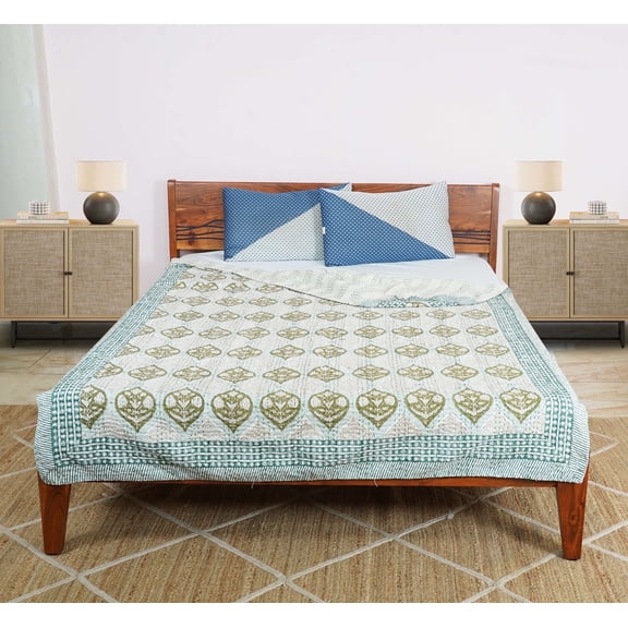 Dhaka International 100% Cotton Handmade Block Printed Bedspread | Lightweight Reversible Bed Cover for All Seasons - ( green - 60x90 " Single / Twin Size )
