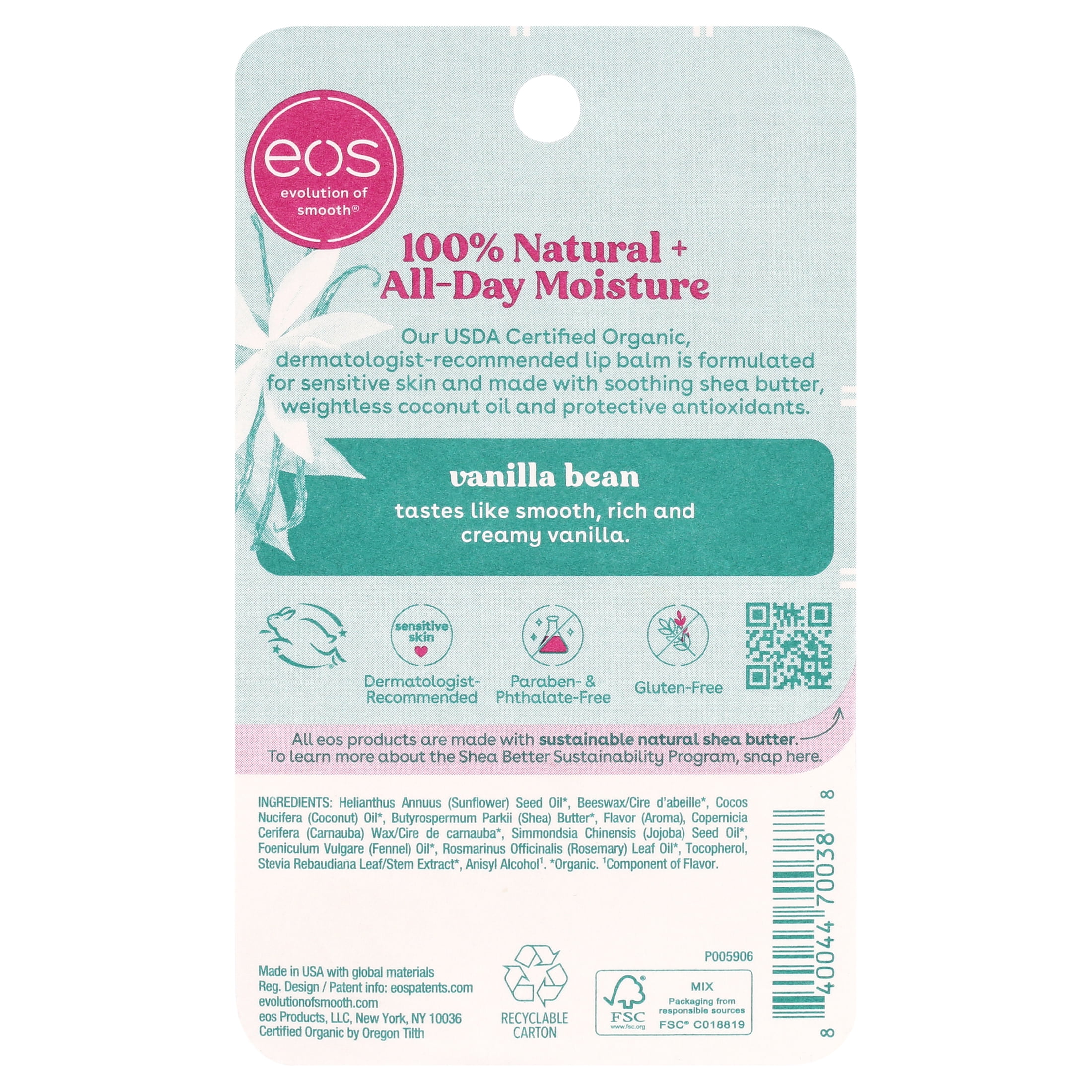 Eos 100% Natural & Organic Lip Balm Sphere - Vanilla | 0.25 oz/1pk
