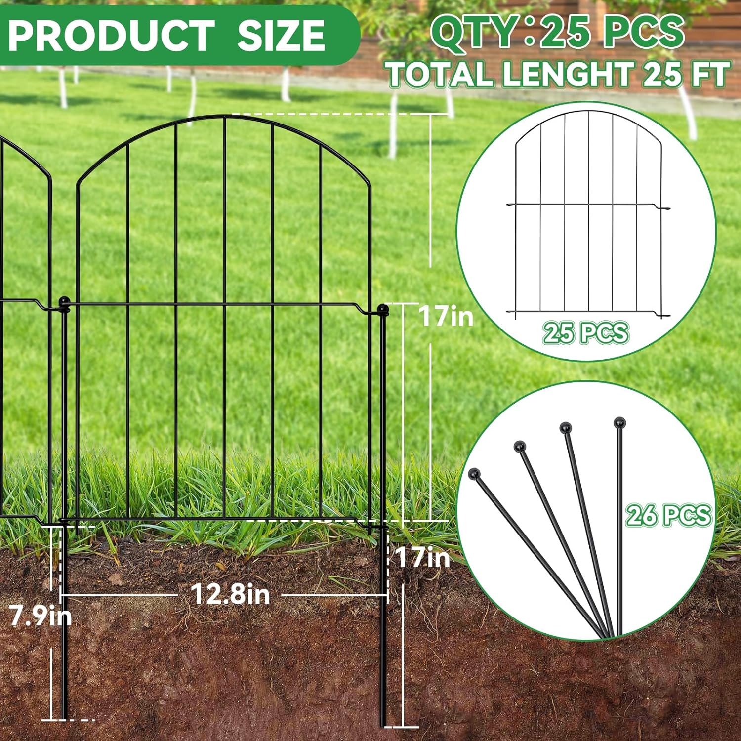 Decorative Arch Garden Fence 25 Panels, 17'' H x 26.7FT L, No- Animal Barrier with Rustproof Stakes - Easy Install & Sturdy Design