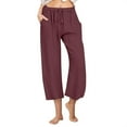 thumbnail image 2 of LADIGASU Women Casual Linen Drawstring Elastic Waist Wide Leg Pants Cropped Trousers, 2 of 7