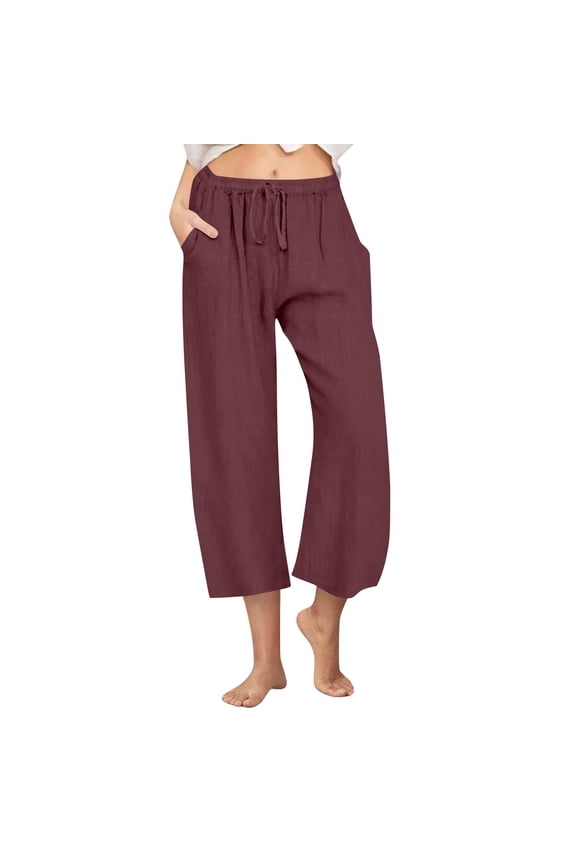 Women's Plus Size Linen Capris with Pockets Wide Leg Elastic Drawstring High Waisted Beach Casual Loose Cropped Pants S-3XL