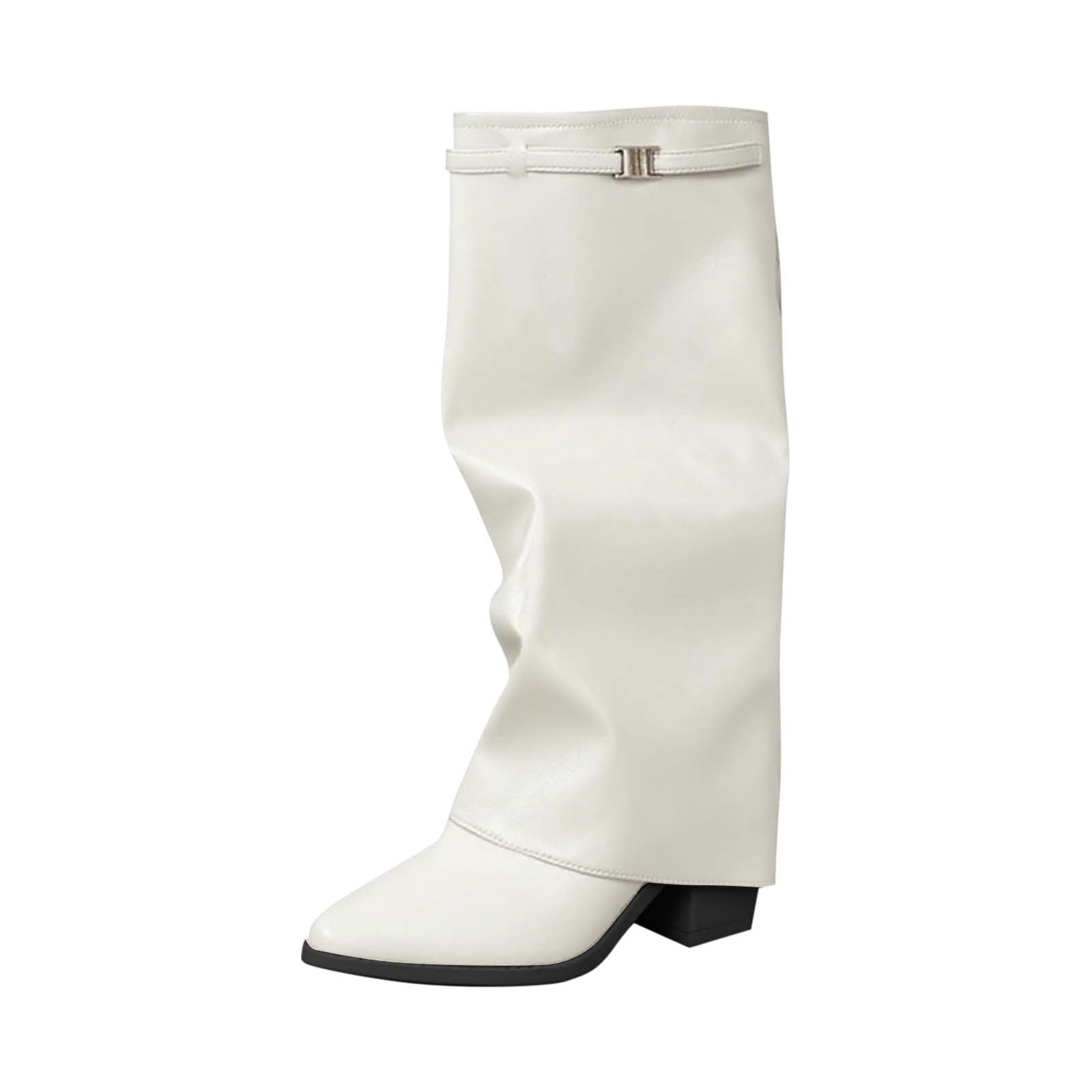BLTIBY Fold Over Shark Boots for Women Snip Toe Chunky Heel Wide Calf Cowboy Boot Pull On Classic Fashion Party Dress Booties Beige 36
