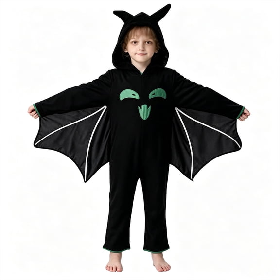 Coerni Unisex Kids Velvet Bat Onesie Cute Ears Hood Bat Winged Jumpsuit & Gloves Halloween Pumpkin Patch Spooky Play Wear for Boys Girls