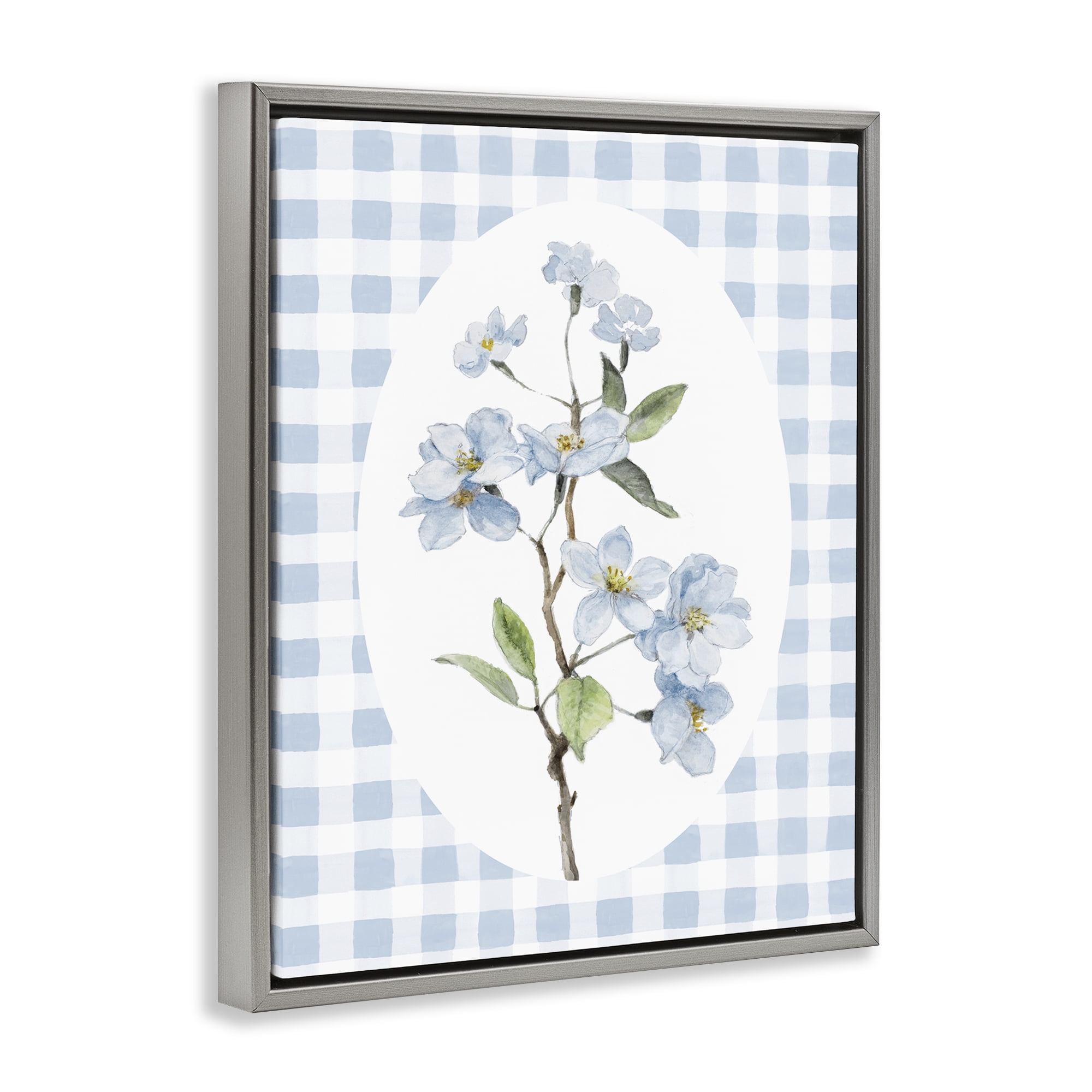 Stupell Industries Blooms on Blue Checkers Gray Framed Floater Canvas Wall Art, design by Lanie Loreth