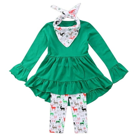 D70s Set (Christmas Baby Clothes Set Toddler Kids Girls Ruffles Irregular Mini Dress Tops+Long Pant Scarf Clothing Outfit)