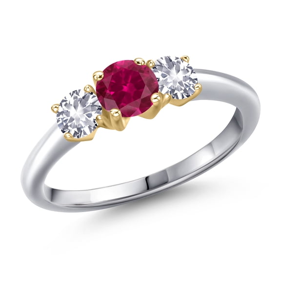 Gem Stone King 10K Two Tone Gold Red Created Ruby and White Created Sapphire Engagement Ring for Women | 1.10 Cttw | Round 5MM | Gemstone July Birthstone | Size 7