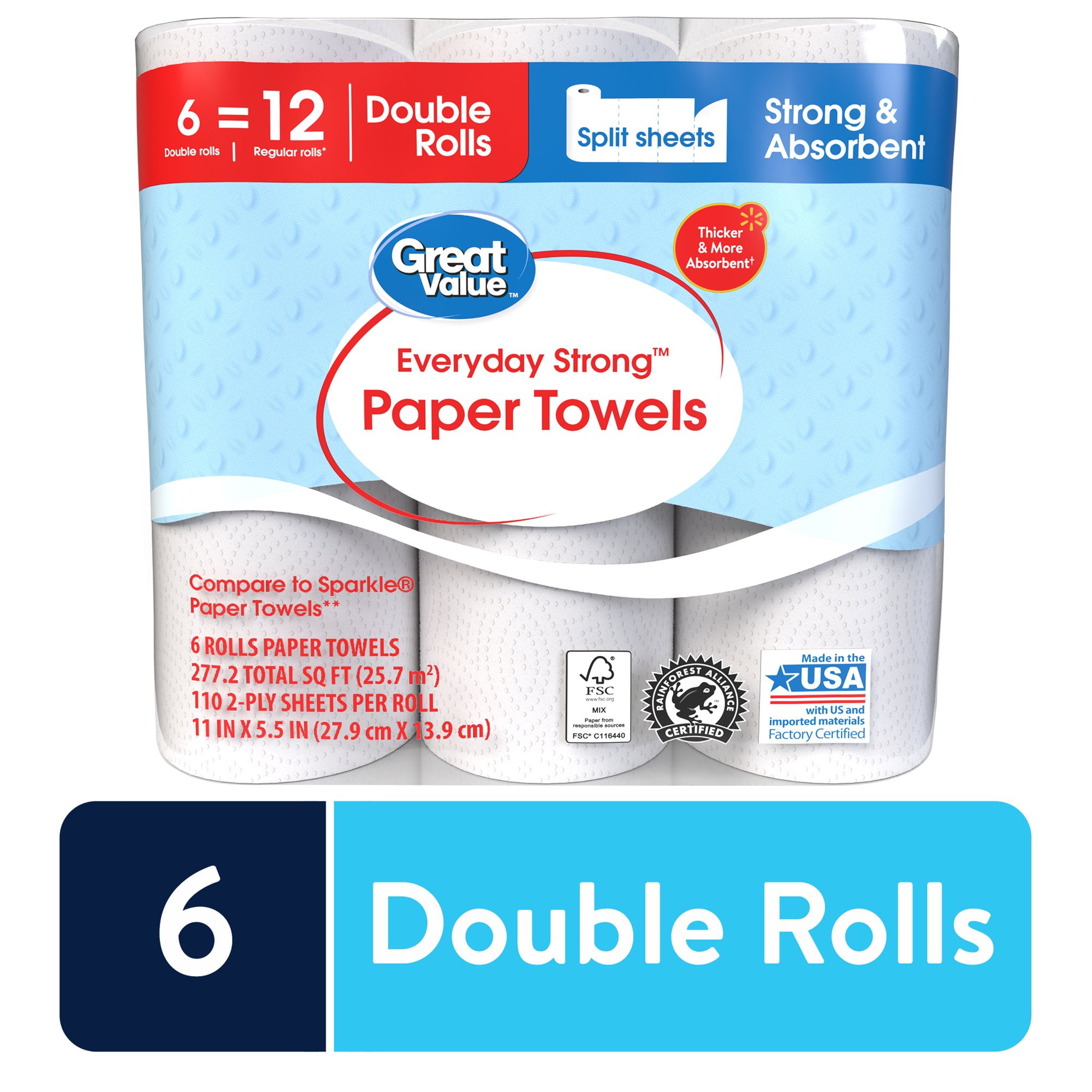 Great Value Everyday Strong Paper Towels, Split Sheets, 6 Double Rolls
