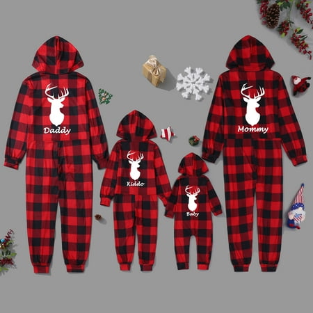 

ERTUTUYI Christmas Women Mommy Deer Letter Print Family Matching Long Sleeve Zip Hooded Jumpsuit Pajamas Sets Red XL