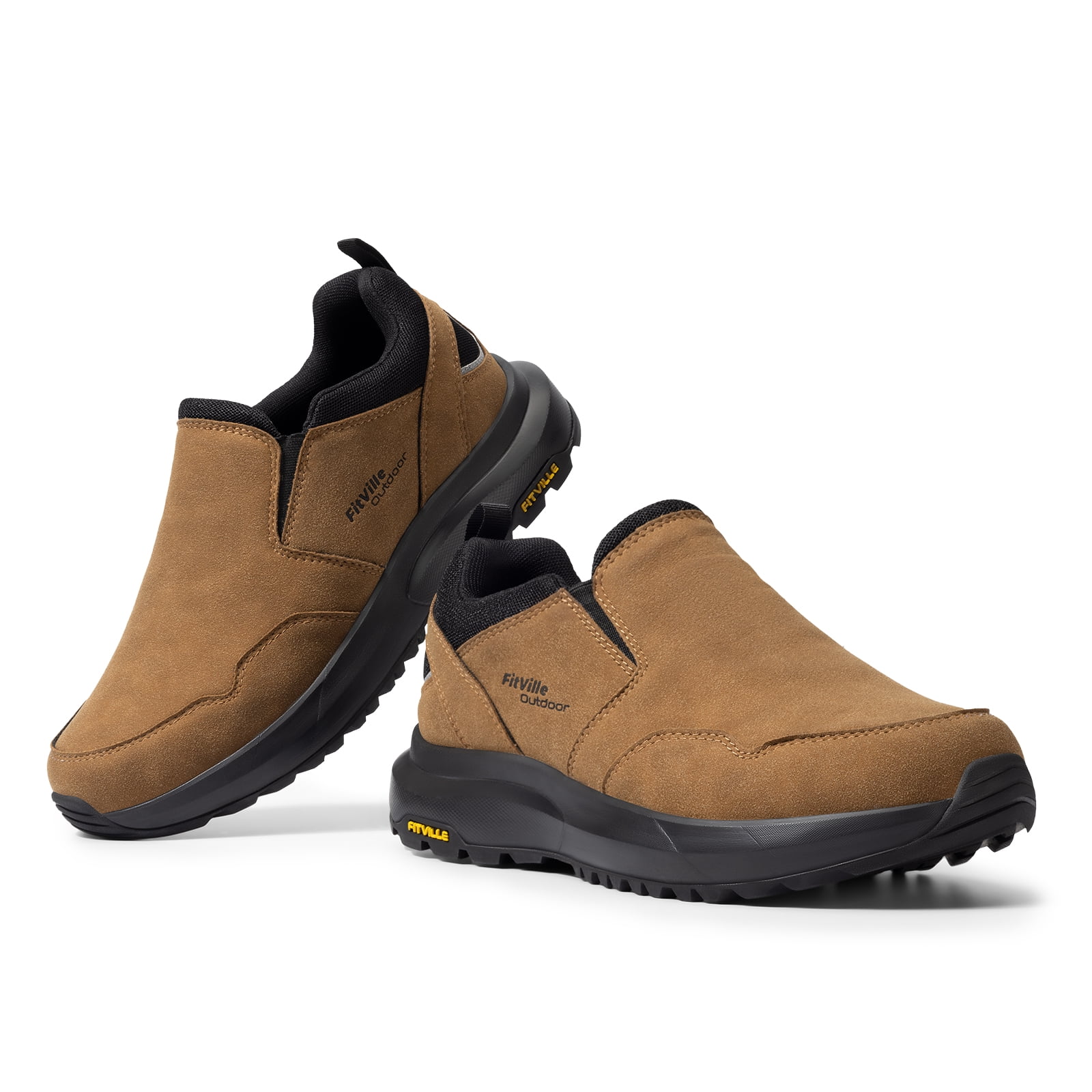 FitVille Mens Wide Hiking Shoes Slip on Loafers Sneakers with Arch Support, Dune Brown, 9 Wide