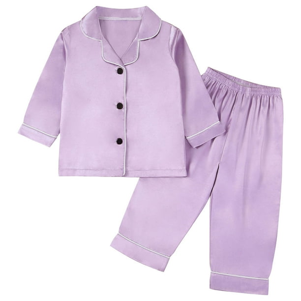 Odeerbi 1-8 Años Niños Niñas Pijama de Satén Con Solapa Entallada Camisa de Manga Larga Conjunto de Pantalones Suave Ropa de Dormir de Dos Piezas Pijama de Dos Piezas
