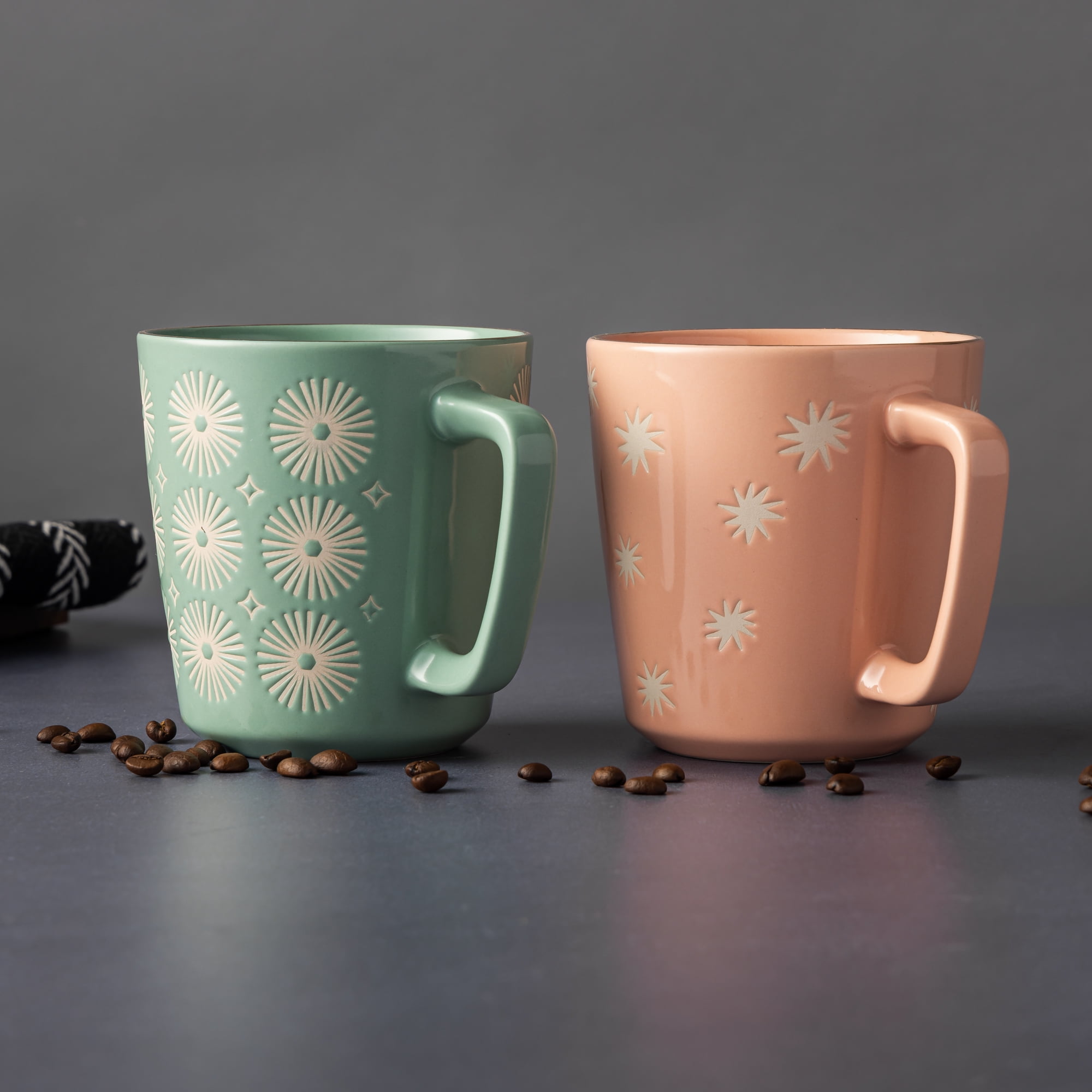 Thyme & Table 4 Pack Green SunBurts and Pink Toss Stars Mugs with Gold Rims 19.9 fl oz, Stoneware