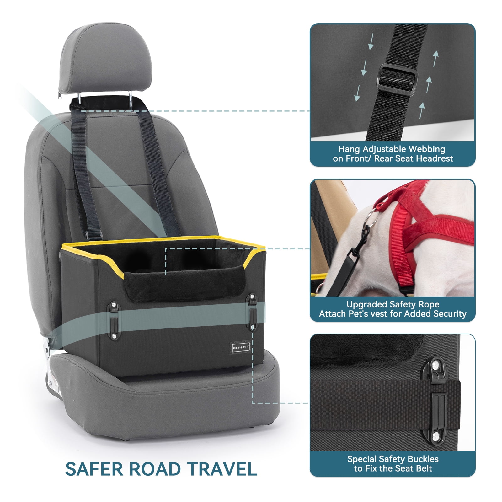 PETSFIT Pet Booster Car Seat for Small Dogs, Puppy Stable Car Seat for Car with Clip-On Leash,Up to 25lbs，Black