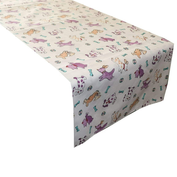 Cotton Print Table Runner Animal Print Puppies Chasing Ball and Bone Purple on White