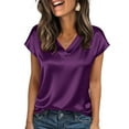 thumbnail image 2 of Womens Silk Blouse V Neck Short Sleeve Top Satin Business Casual Shirt Dressy Work Office Summer Tops 2026 Purple L, 2 of 5