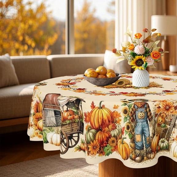 Rustic Fall Pumpkin Scarecrow Print Round Tablecloth, Dining Patio Holiday Party Home Decor, Thanksgiving Christmas Gift