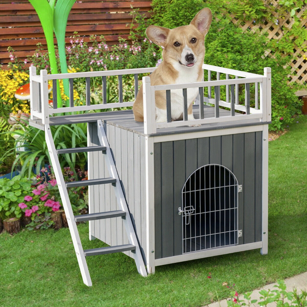 Gymax Wooden Pet House Dog Cat Puppy Room Bed Platform Bed Shelter