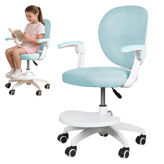 SHUO Y - Study Chair with Adjustable Footrest & Flip Arm, Kids Computer Chair , 360-degrees Swivel Mesh Office Chair for Home Bedroom Learning Room (Blue)