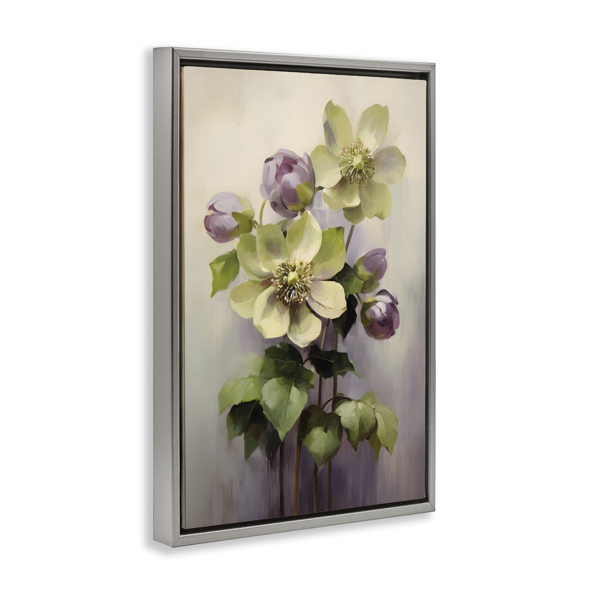 Stupell Industries Green & Purple Flowers Botanical & Floral Painting Gray Floater Framed Art Print Wall Art, 21 x 31